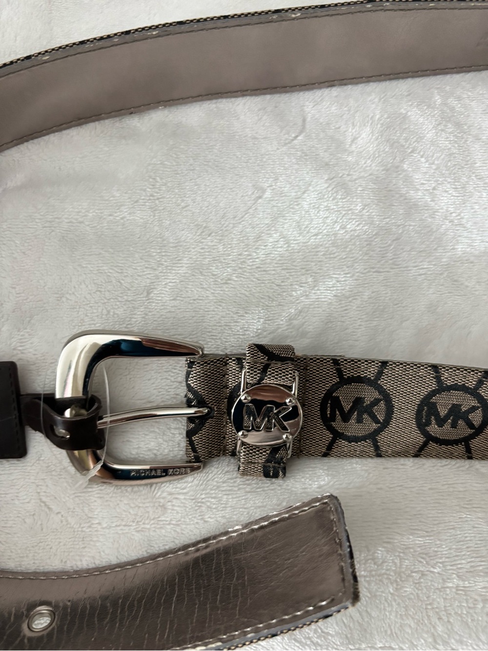 Michael Kors Beige Taupe MK Logo Belt with Silver Hardware